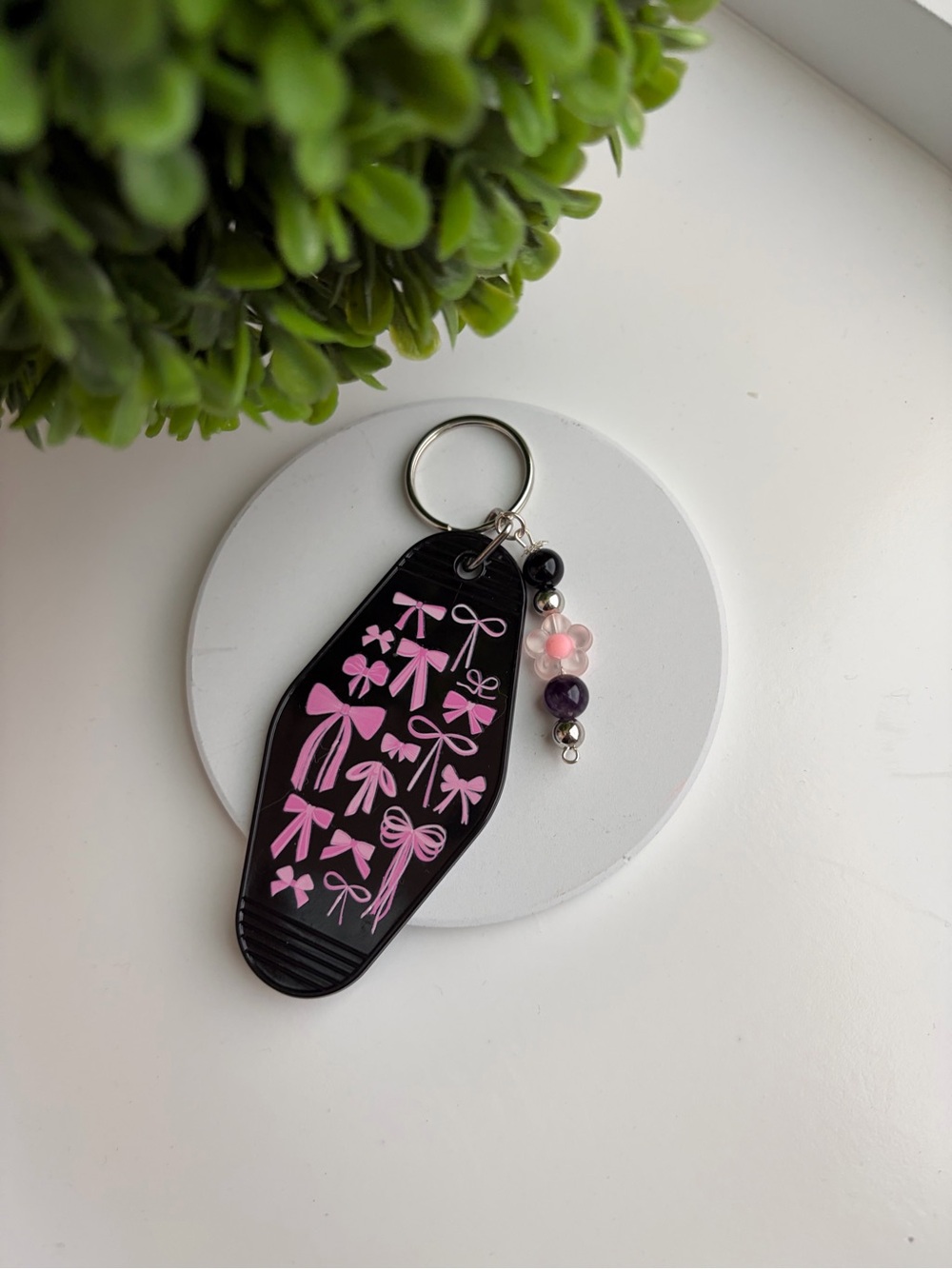 Black Key & Card Holder Keychain with Pink Bow Motif